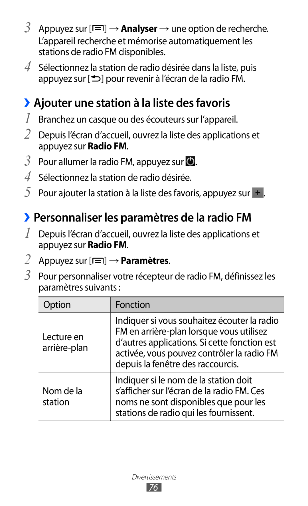 Samsung GT-I9100LKNSFR manual ››Ajouter une station à la liste des favoris, ››Personnaliser les paramètres de la radio FM 