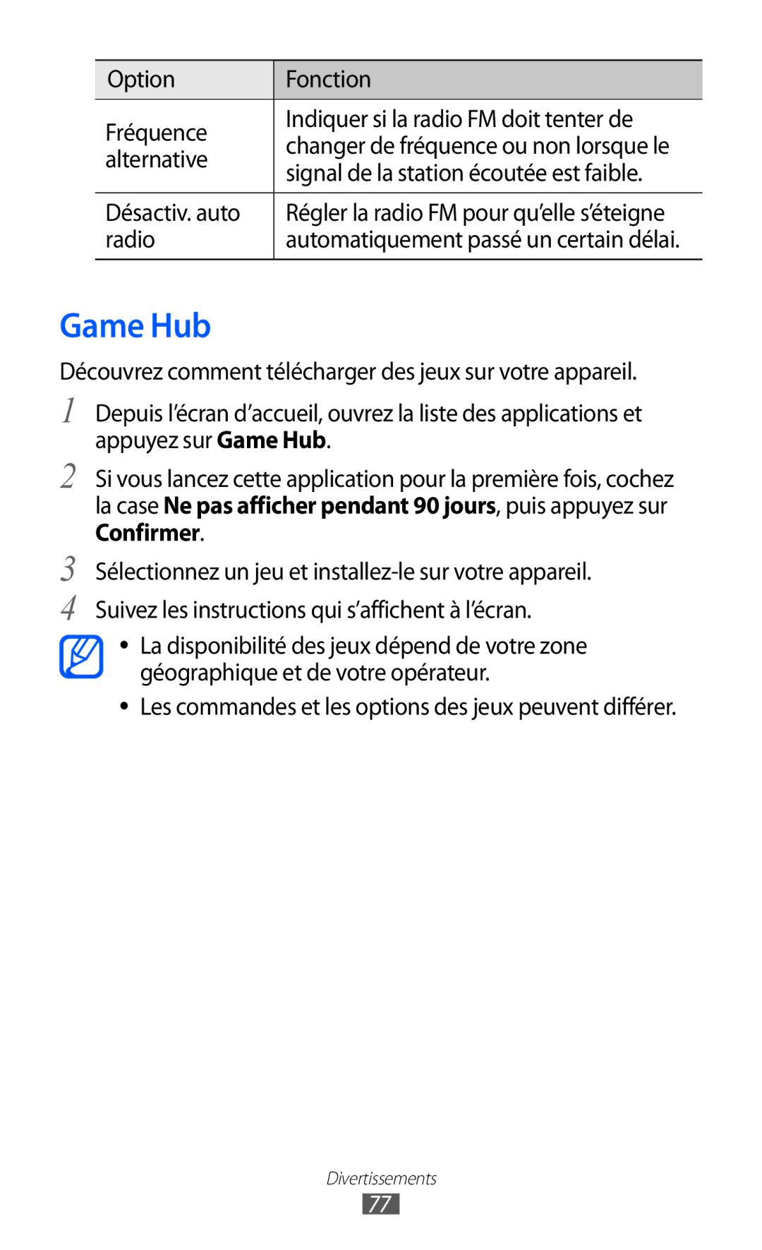 Samsung GT-I9100LKNNRJ manual Game Hub, Alternative, Signal de la station écoutée est faible, Désactiv. auto, Radio 