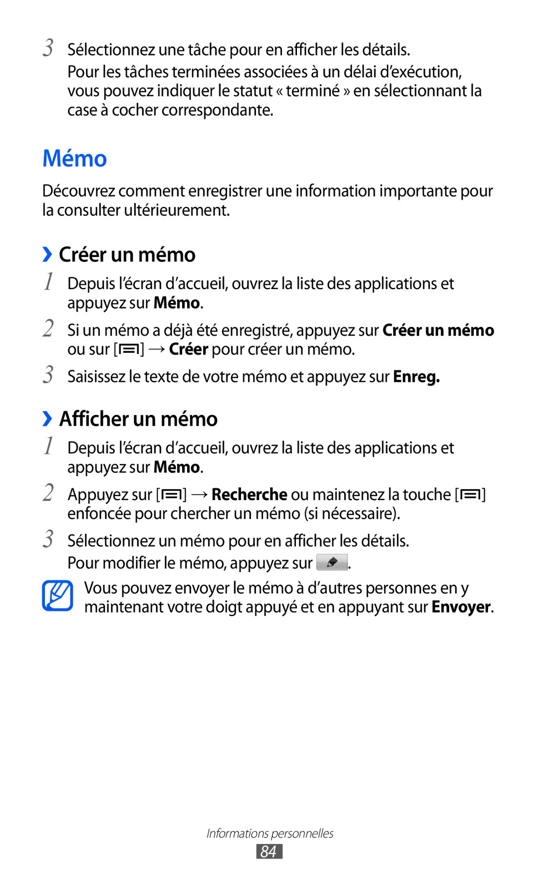 Samsung GT-I9100SWNNRJ, GT-I9100LKNFTM, GT-I9100RWNLPM, GT-I9100RWNBOG manual Mémo, ››Créer un mémo, ››Afficher un mémo 