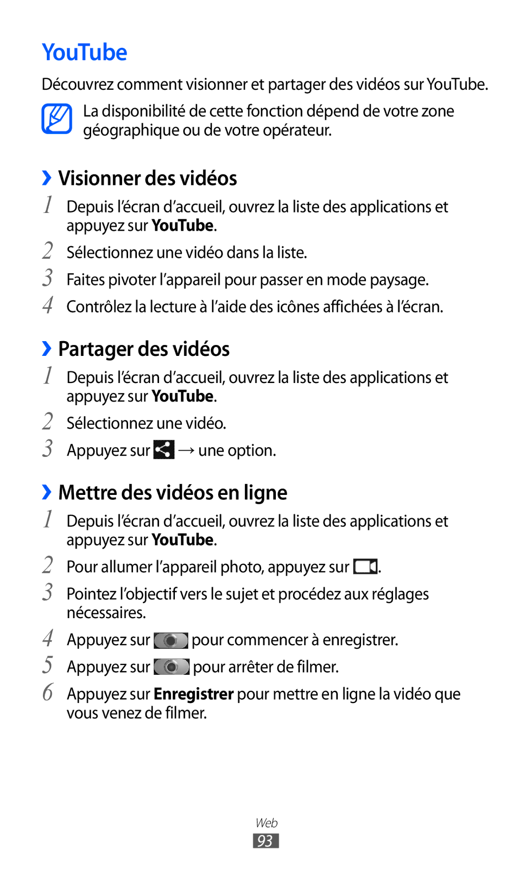 Samsung GT-I9100RWNBOG manual YouTube, ››Visionner des vidéos, ››Partager des vidéos, ››Mettre des vidéos en ligne 