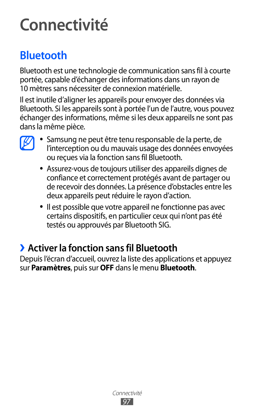 Samsung GT-I9100SWNNRJ, GT-I9100LKNFTM, GT-I9100RWNLPM manual Connectivité, ››Activer la fonction sans fil Bluetooth 