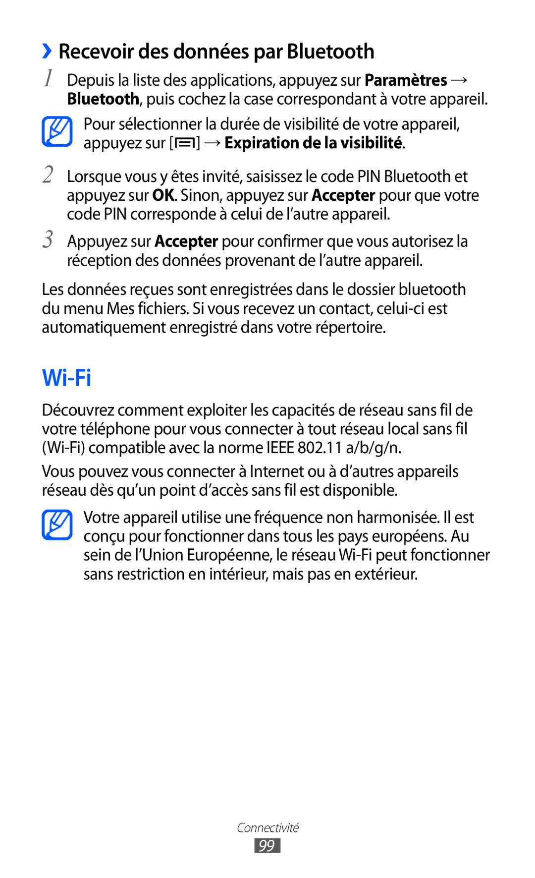 Samsung GT-I9100RWNSFR, GT-I9100LKNFTM, GT-I9100RWNLPM, GT-I9100RWNBOG manual Wi-Fi, ››Recevoir des données par Bluetooth 