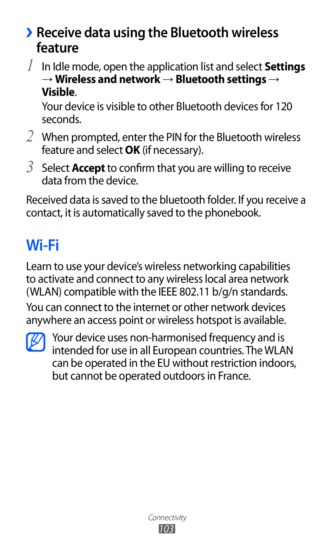 Samsung GT-I9100RWWJED, GT-I9100LKWKSA, GT-I9100LKWXSG manual Wi-Fi, ››Receive data using the Bluetooth wireless feature 