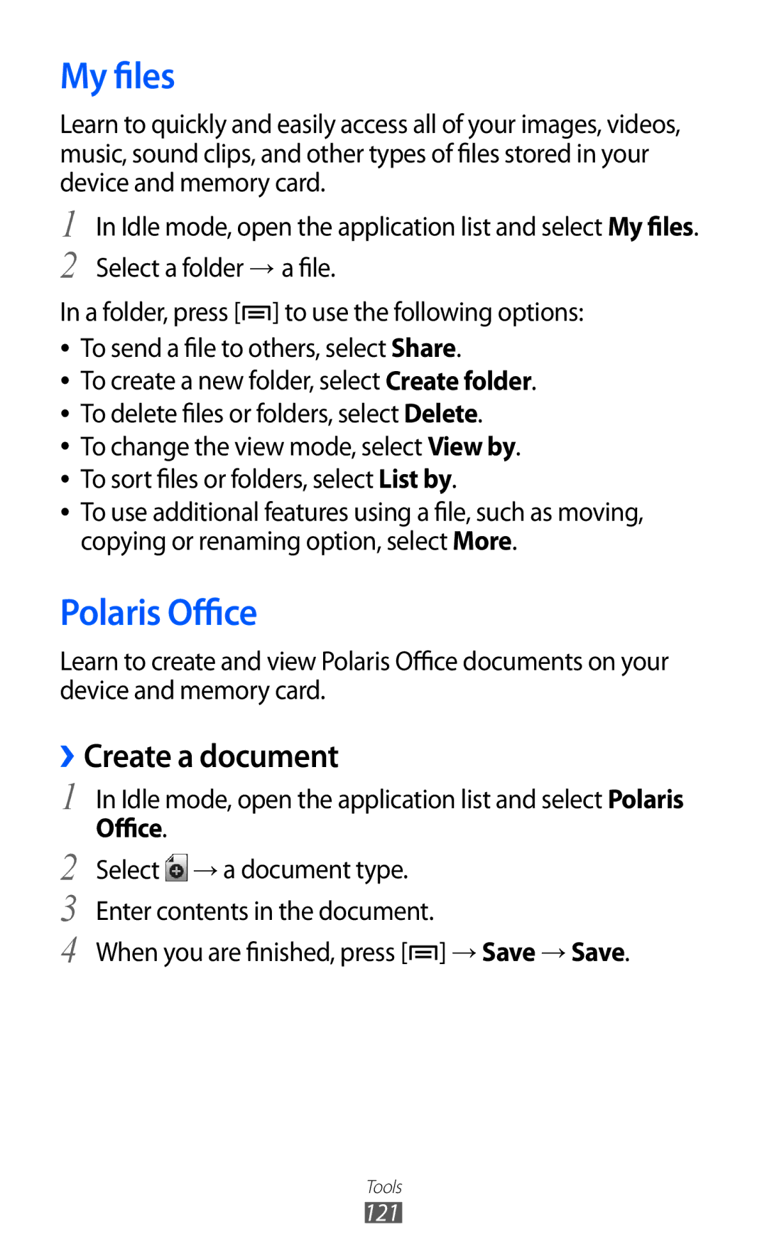 Samsung GT-I9100OIGBTC, GT-I9100LKWKSA, GT-I9100LKWXSG, GT-I9100LKGTHR manual My files, Polaris Office, ››Create a document 