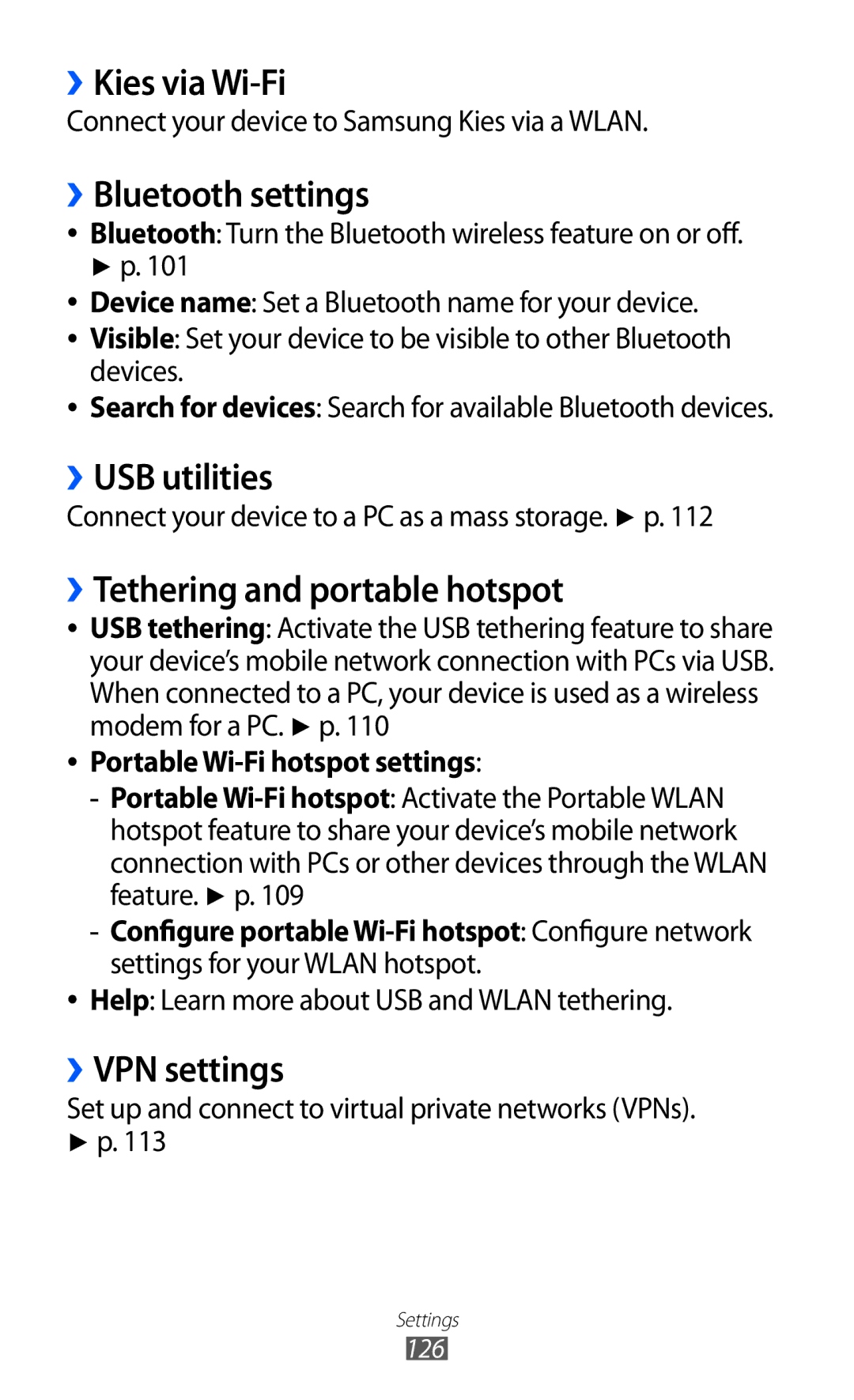 Samsung GT-I9100RWGJED manual ››Kies via Wi-Fi, ››Bluetooth settings, ››USB utilities, ››Tethering and portable hotspot 