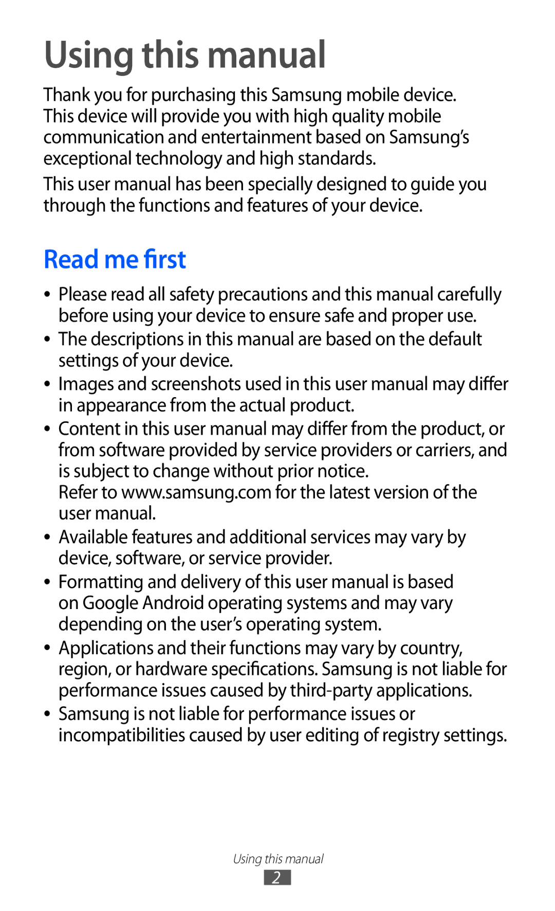 Samsung GT-I9100LKGTHR, GT-I9100LKWKSA, GT-I9100LKWXSG, GT-I9100OIGBTC, GT-I9100OIGPAK Using this manual, Read me first 