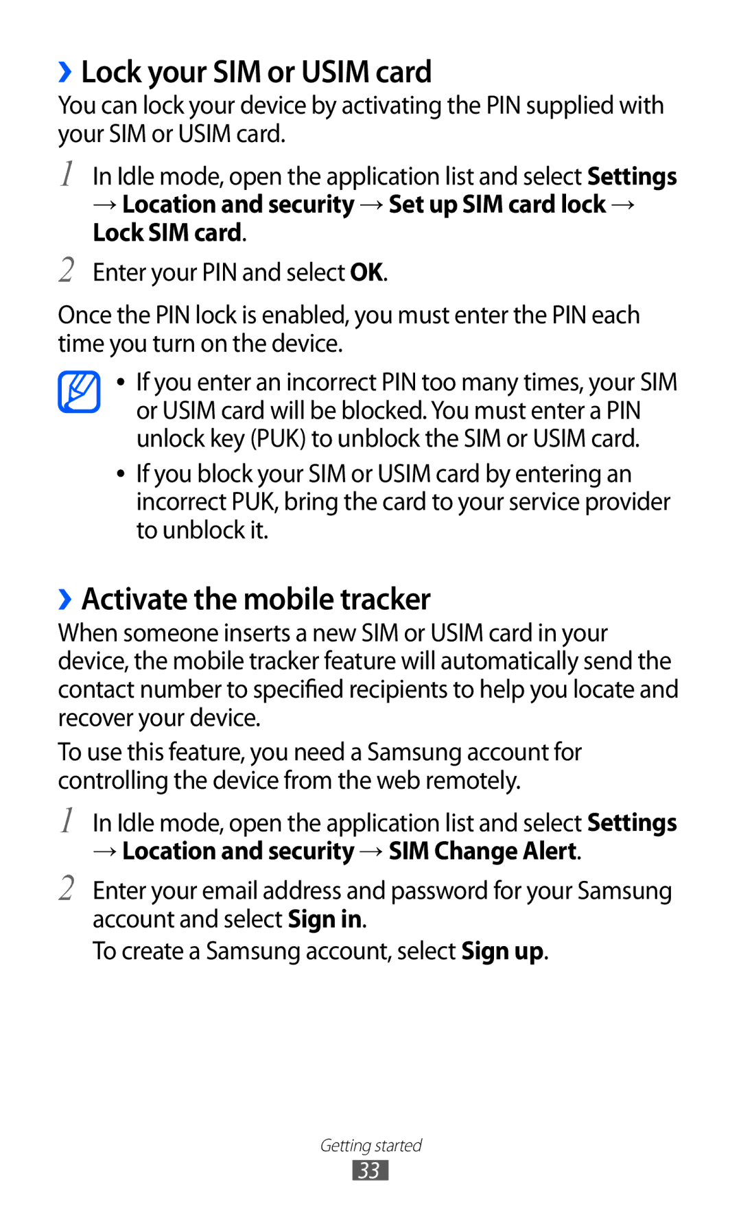 Samsung GT-I9100LKGMRT, GT-I9100LKWKSA, GT-I9100LKWXSG manual ››Lock your SIM or Usim card, ››Activate the mobile tracker 