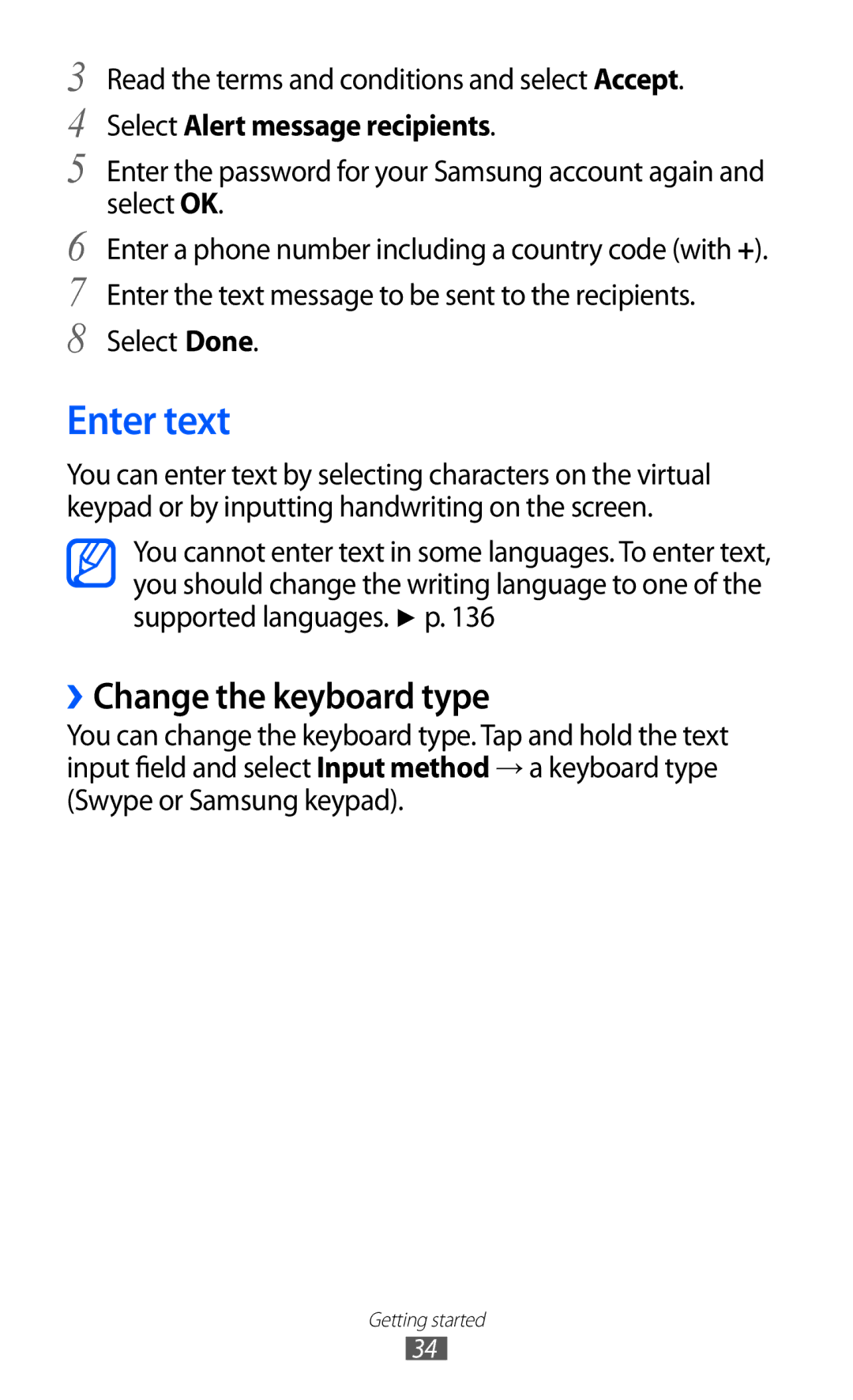 Samsung GT-I9100LKGPAK, GT-I9100LKWKSA manual Enter text, ››Change the keyboard type, Select Alert message recipients 