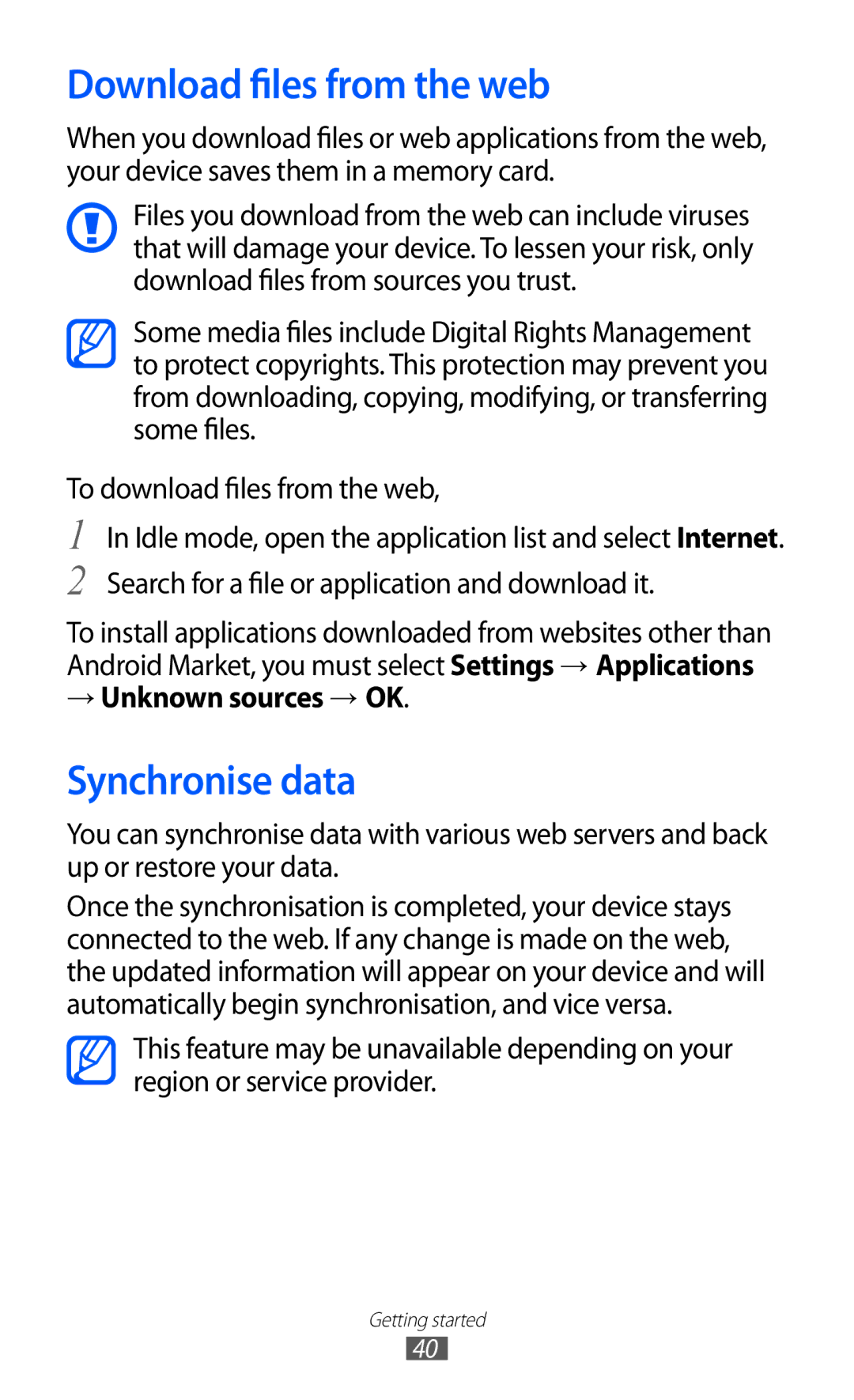 Samsung GT-I9100LKWXSG, GT-I9100LKWKSA manual Download files from the web, Synchronise data, → Unknown sources → OK 