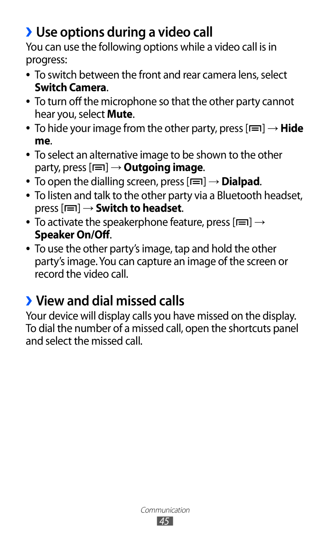 Samsung GT-I9100RWGBTC, GT-I9100LKWKSA, GT-I9100LKWXSG manual ››Use options during a video call, ››View and dial missed calls 