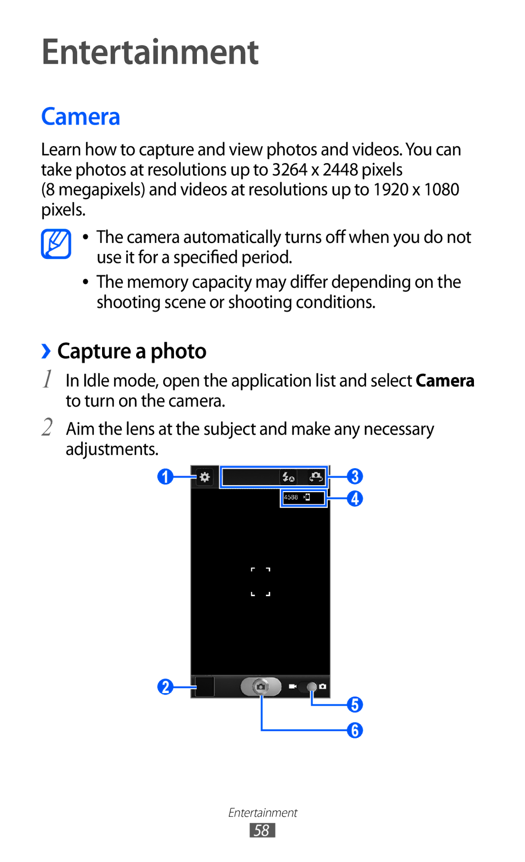 Samsung GT-I9100LKWAFR, GT-I9100LKWKSA, GT-I9100LKWXSG, GT-I9100OIGBTC manual Entertainment, Camera, ››Capture a photo 