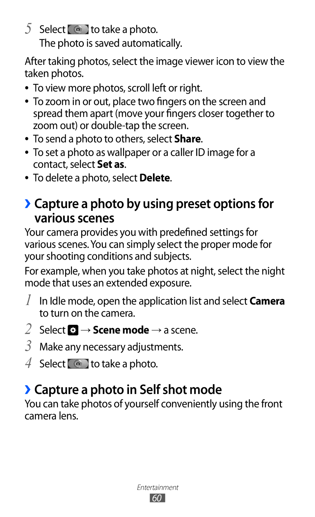 Samsung GT-I9100RWGKSA ››Capture a photo by using preset options for various scenes, ››Capture a photo in Self shot mode 