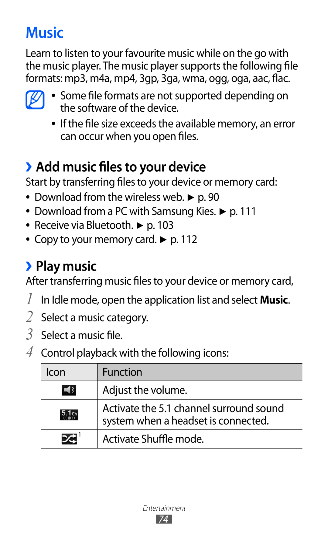 Samsung GT-I9100LKGPAK, GT-I9100LKWKSA, GT-I9100LKWXSG, GT-I9100OIGBTC Music, ››Add music files to your device, ››Play music 