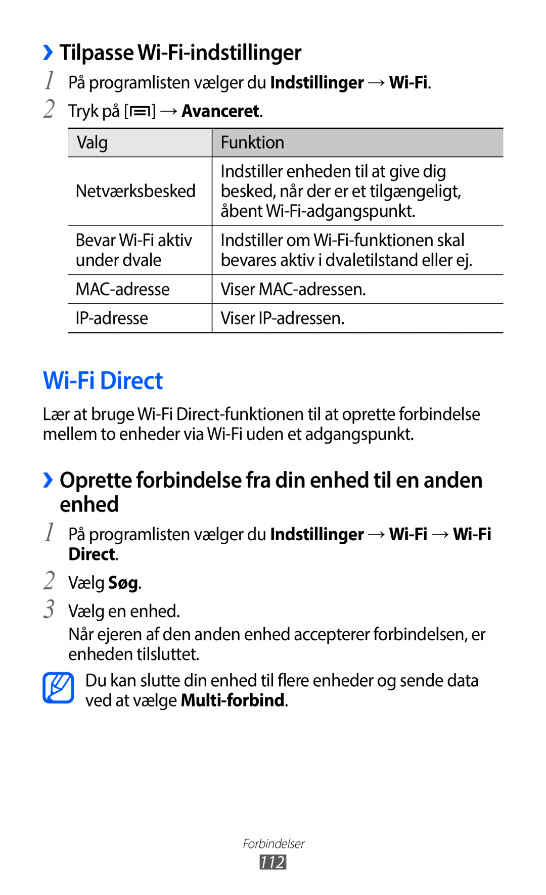 Samsung GT-I9100OIANEE, GT-I9100RWAHTD, GT-I9100RWANEE, GT-I9100LKAHTD manual Wi-Fi Direct, ››Tilpasse Wi-Fi-indstillinger 