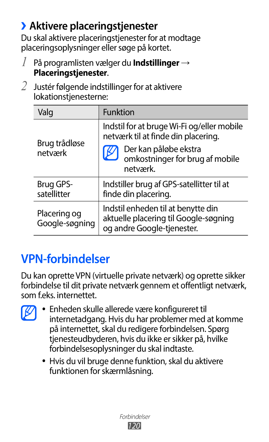 Samsung GT-I9100RWAHTD, GT-I9100RWANEE manual VPN-forbindelser, ››Aktivere placeringstjenester, Placeringstjenester 