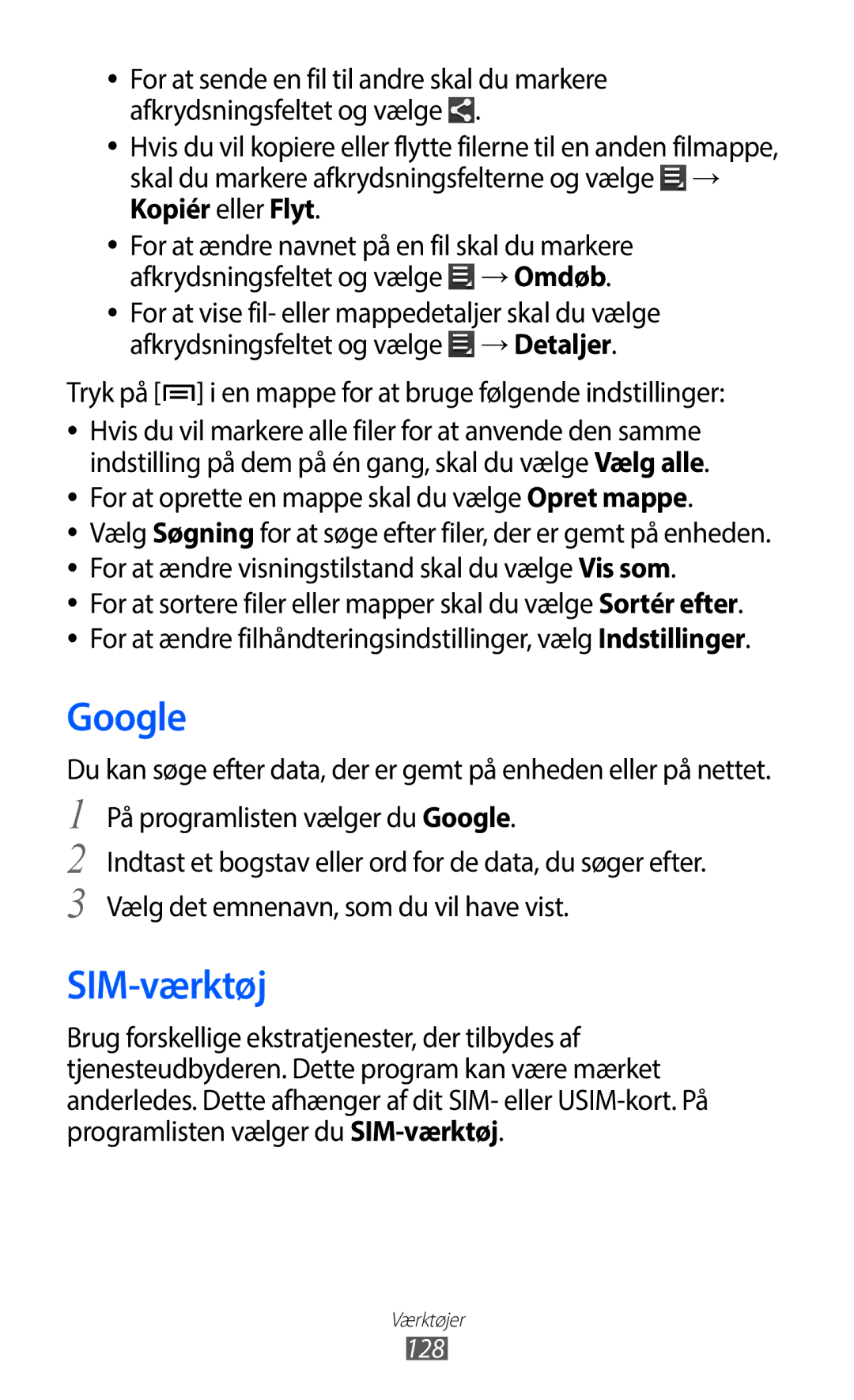 Samsung GT-I9100LKAHTD, GT-I9100RWAHTD manual Google, SIM-værktøj, Tryk på i en mappe for at bruge følgende indstillinger 