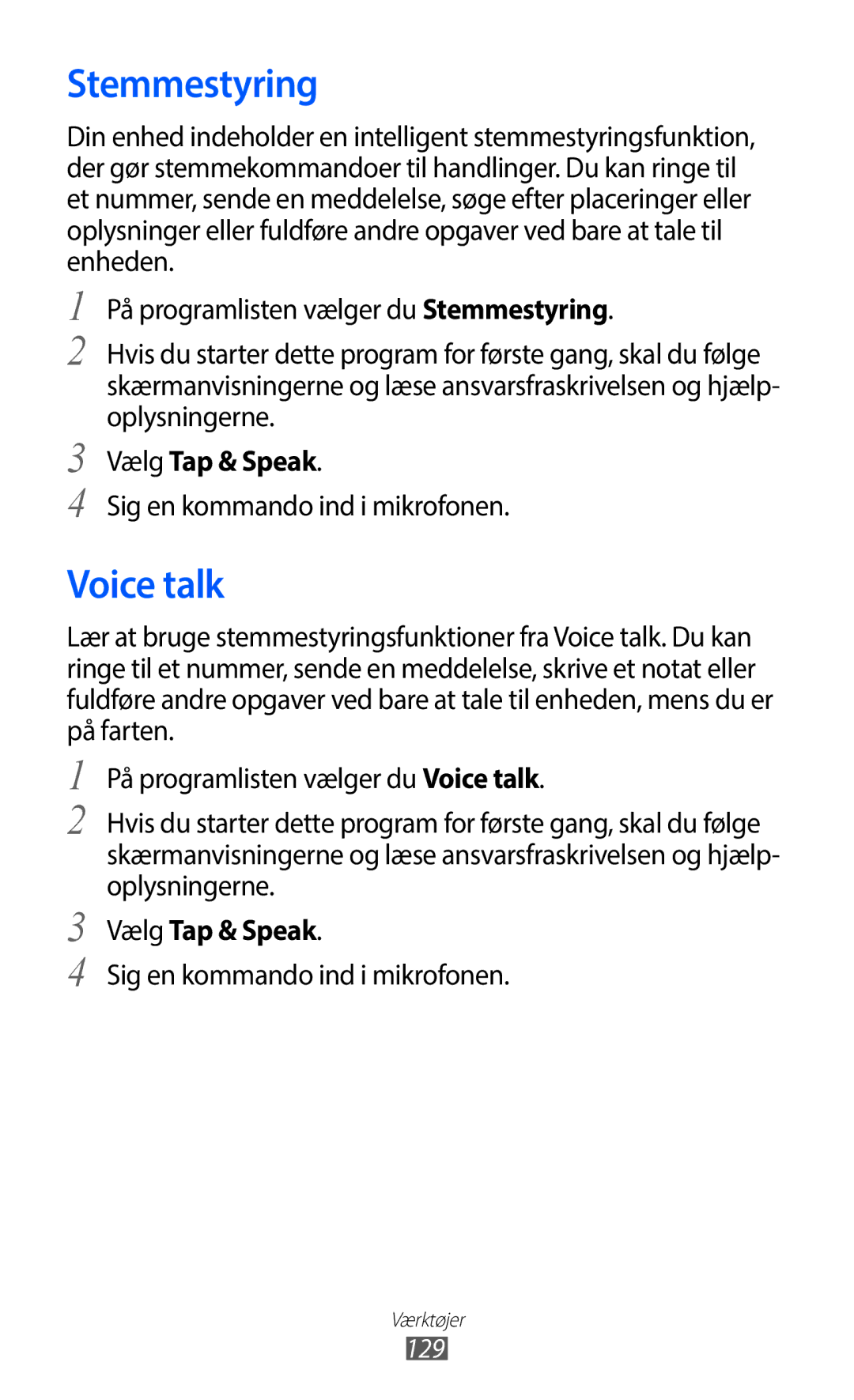 Samsung GT-I9100LKANEE, GT-I9100RWAHTD manual Stemmestyring, Voice talk, Vælg Tap & Speak, Sig en kommando ind i mikrofonen 