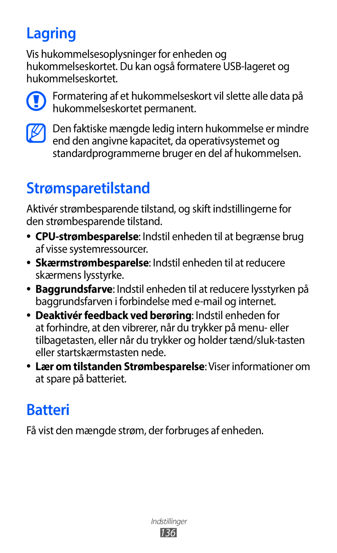 Samsung GT-I9100RWANEE manual Lagring, Strømsparetilstand, Batteri, Få vist den mængde strøm, der forbruges af enheden 