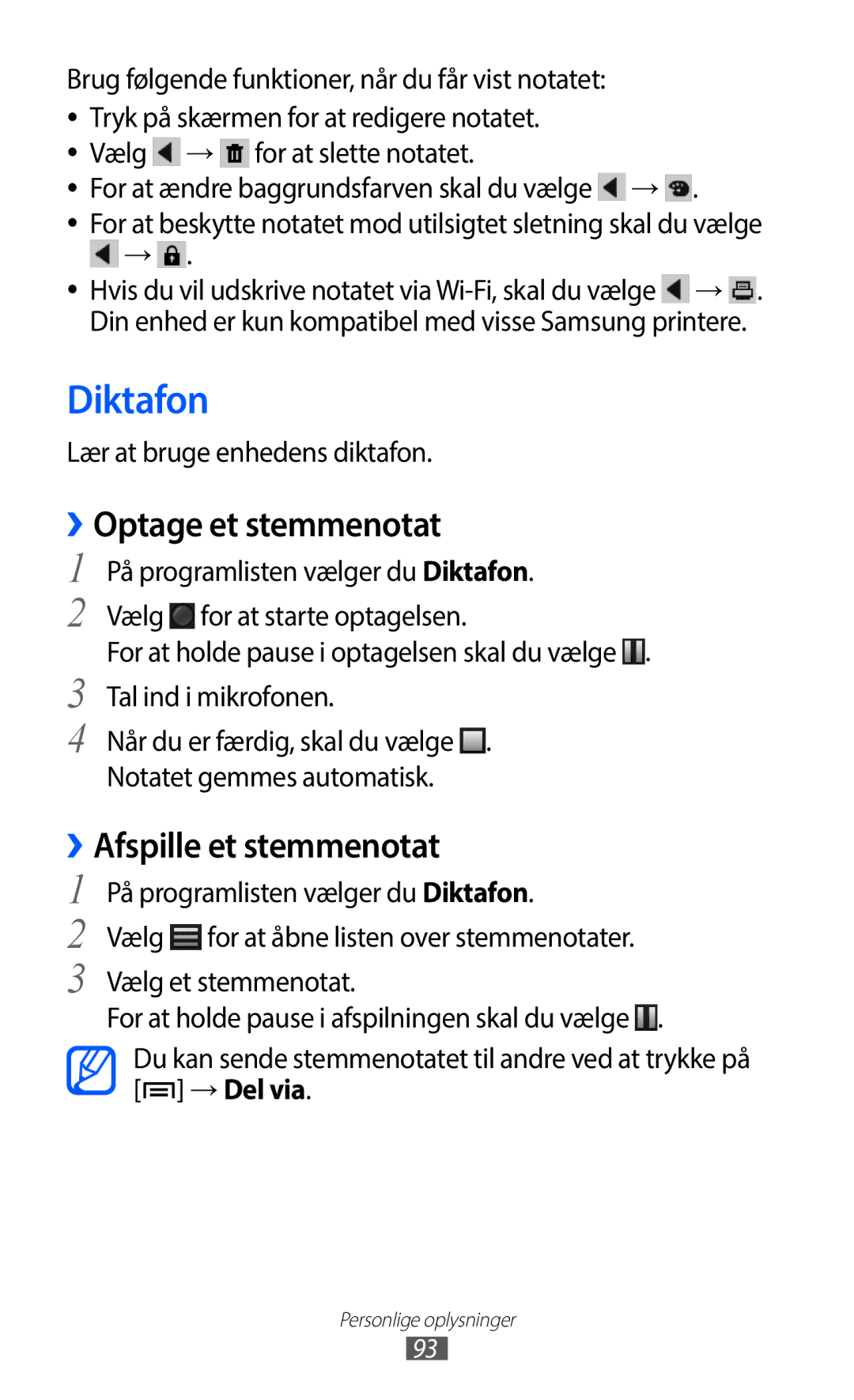 Samsung GT-I9100LKAHTD manual Diktafon, ››Optage et stemmenotat, ››Afspille et stemmenotat, Lær at bruge enhedens diktafon 