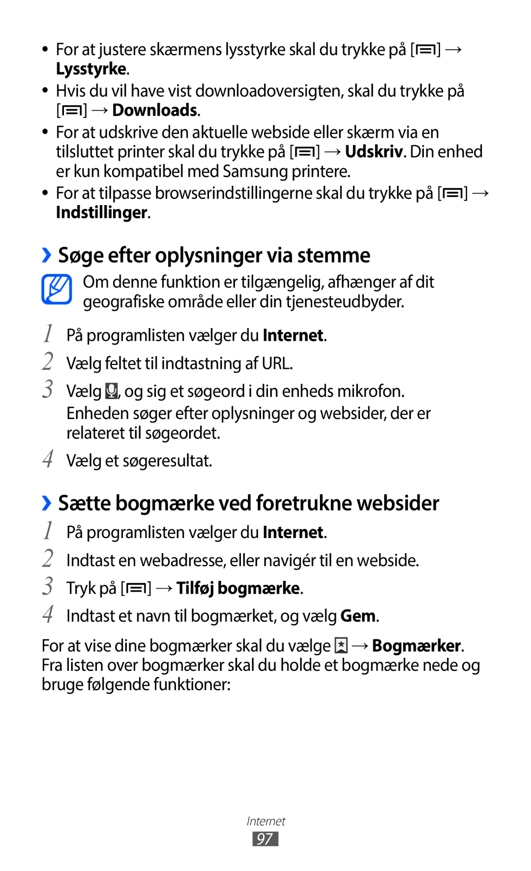 Samsung GT-I9100OIANEE manual ››Søge efter oplysninger via stemme, ››Sætte bogmærke ved foretrukne websider, Indstillinger 