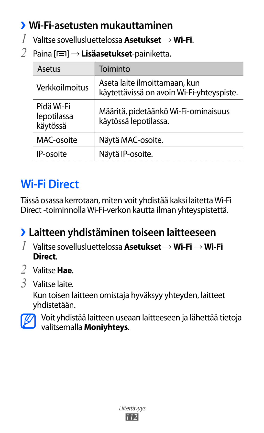 Samsung GT-I9100OIANEE manual Wi-Fi Direct, ››Wi-Fi-asetusten mukauttaminen, ››Laitteen yhdistäminen toiseen laitteeseen 