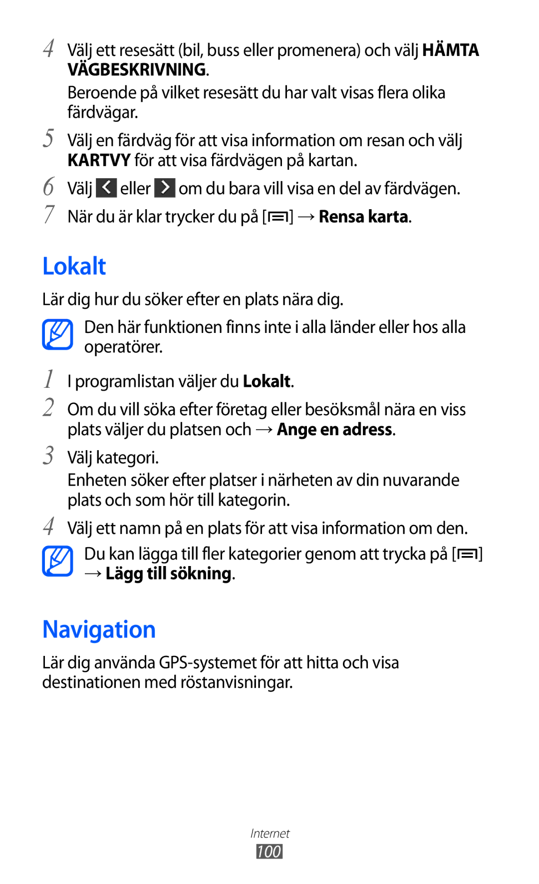 Samsung GT-I9100RWAHTD, GT-I9100RWANEE, GT-I9100OIANEE, GT-I9100LKAHTD manual Lokalt, Navigation, → Lägg till sökning 