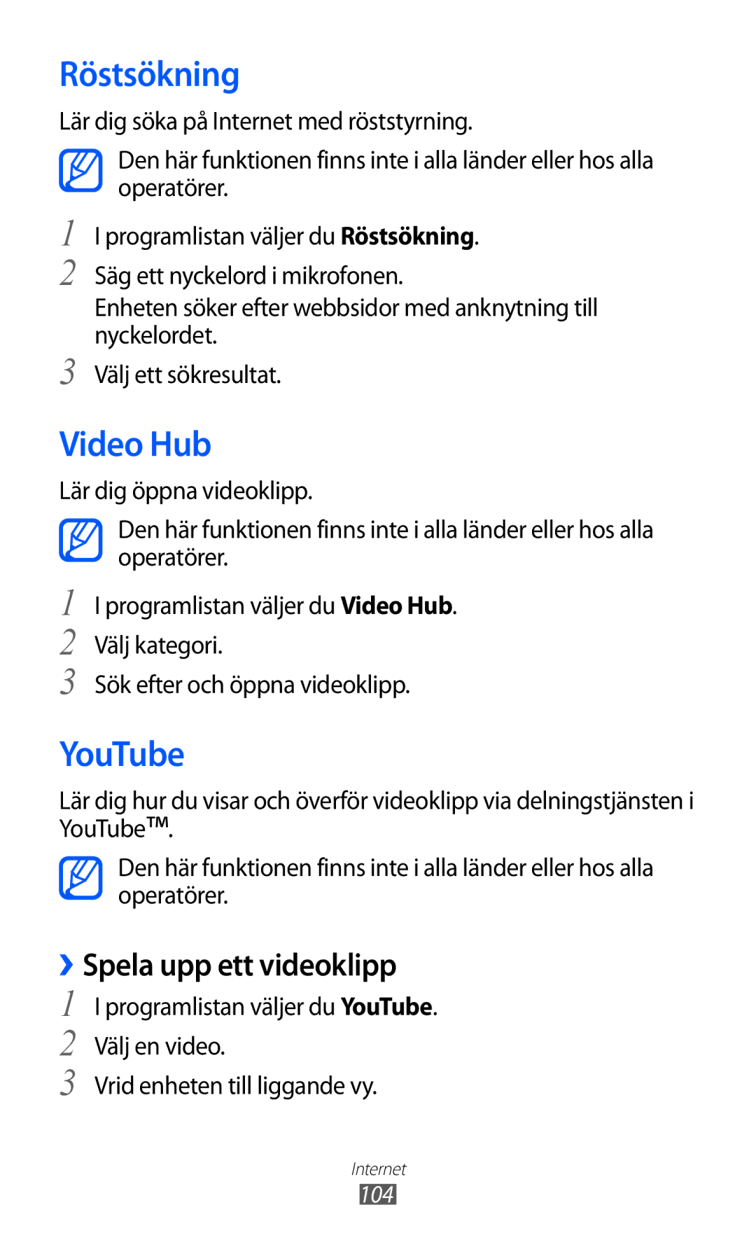 Samsung GT-I9100LKANEE, GT-I9100RWAHTD, GT-I9100RWANEE, GT-I9100OIANEE, GT-I9100LKAHTD manual Röstsökning, Video Hub, YouTube 