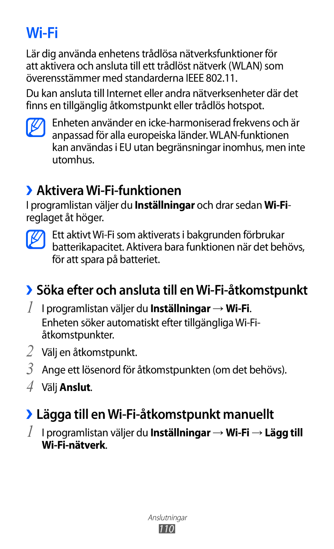 Samsung GT-I9100RWAHTD, GT-I9100RWANEE manual ››Aktivera Wi-Fi-funktionen, ››Lägga till en Wi-Fi-åtkomstpunkt manuellt 