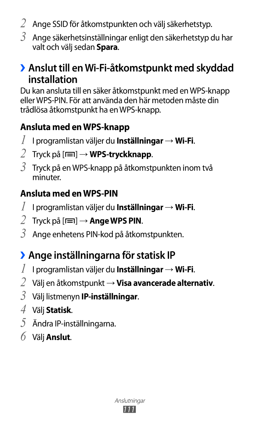 Samsung GT-I9100RWANEE manual ››Ange inställningarna för statisk IP, Ansluta med en WPS-knapp, Ansluta med en WPS-PIN 