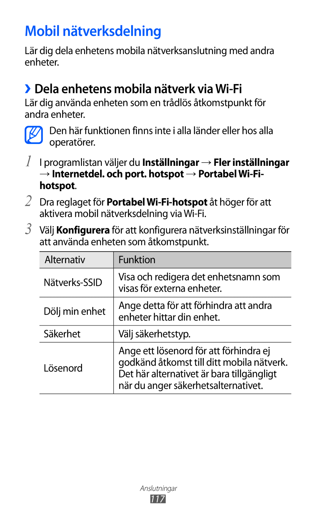 Samsung GT-I9100OIANEE, GT-I9100RWAHTD, GT-I9100RWANEE manual Mobil nätverksdelning, ››Dela enhetens mobila nätverk via Wi-Fi 