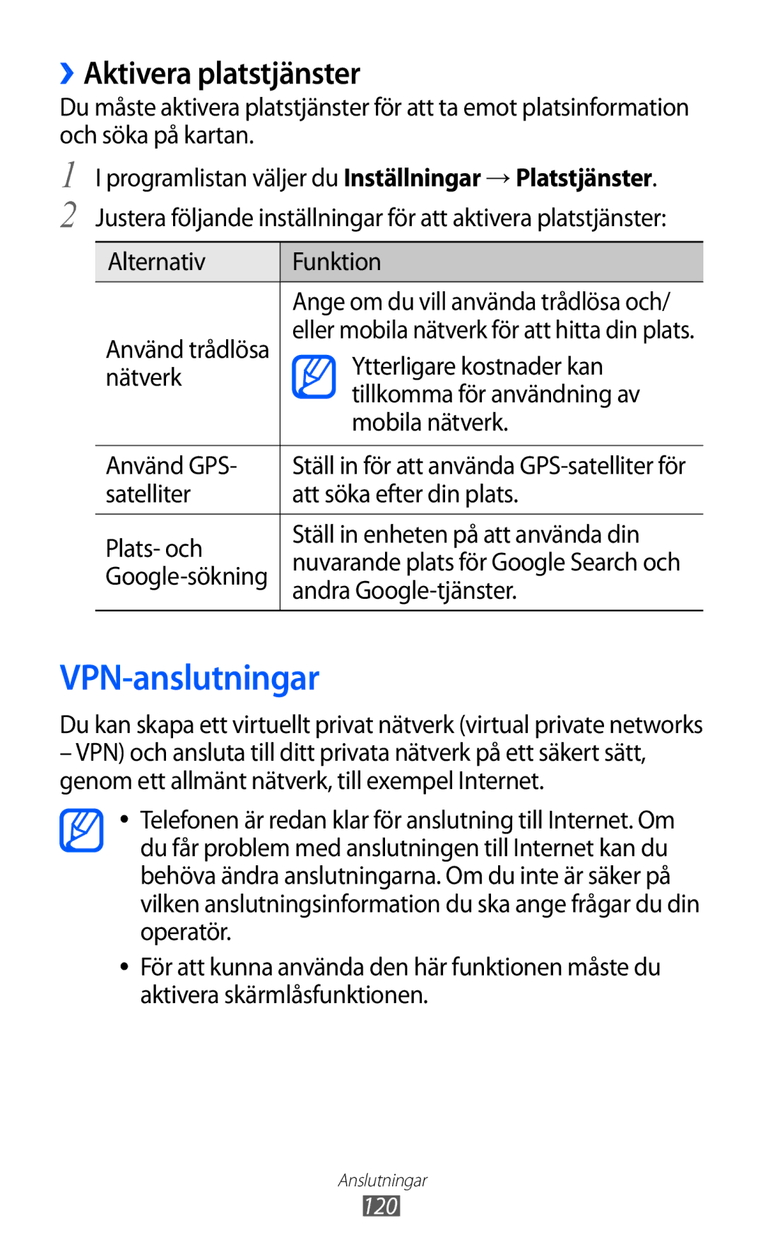 Samsung GT-I9100RWAHTD, GT-I9100RWANEE, GT-I9100OIANEE VPN-anslutningar, ››Aktivera platstjänster, Andra Google-tjänster 