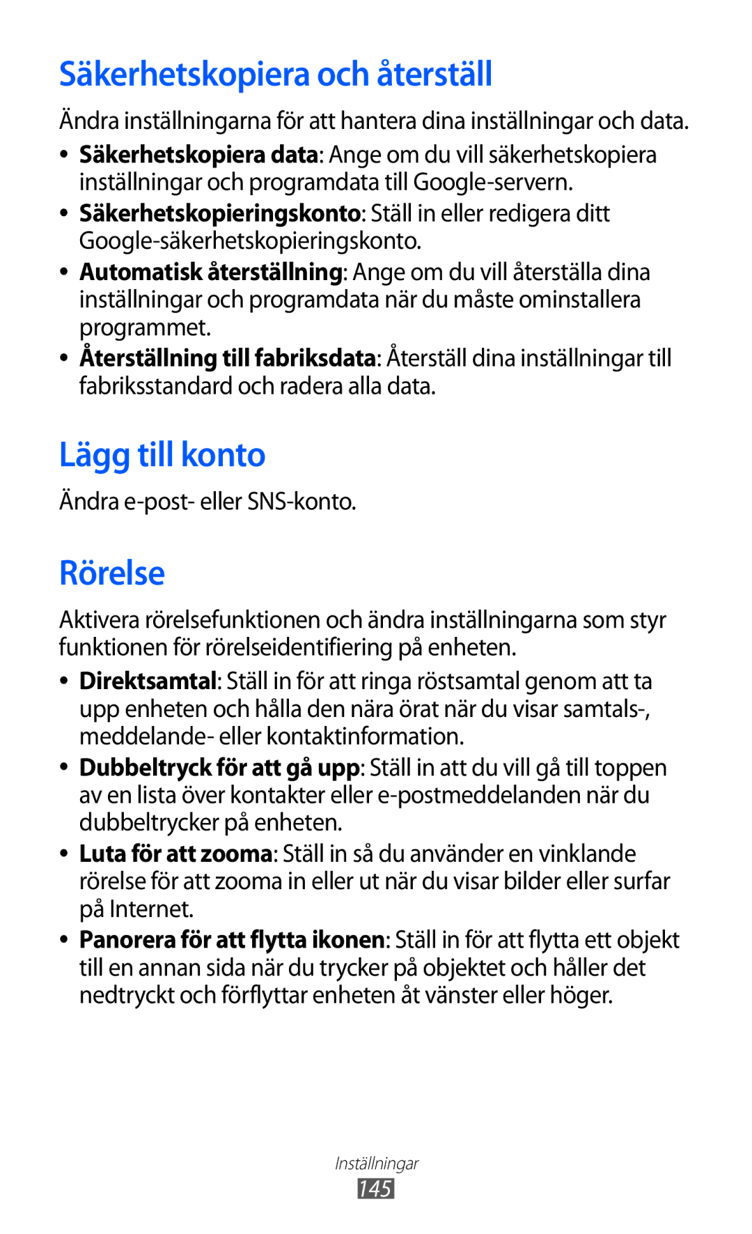 Samsung GT-I9100RWAHTD manual Säkerhetskopiera och återställ, Lägg till konto, Rörelse, Ändra e-post- eller SNS-konto 