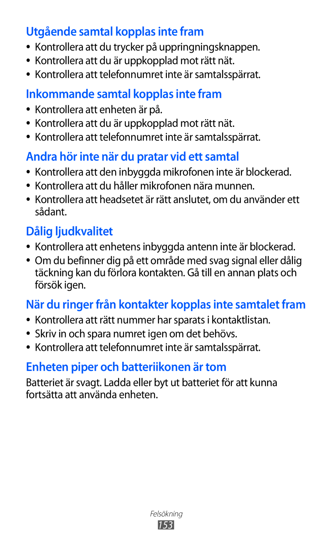 Samsung GT-I9100LKAHTD manual Utgående samtal kopplas inte fram, Kontrollera att telefonnumret inte är samtalsspärrat 