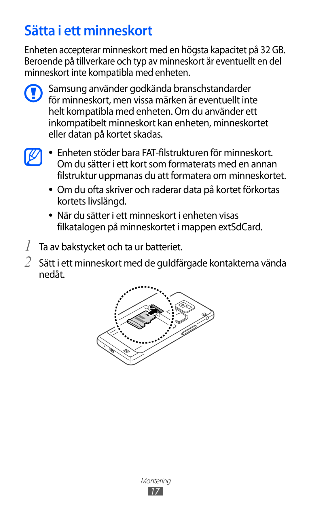 Samsung GT-I9100OIANEE, GT-I9100RWAHTD, GT-I9100RWANEE, GT-I9100LKAHTD, GT-I9100LKANEE manual Sätta i ett minneskort 