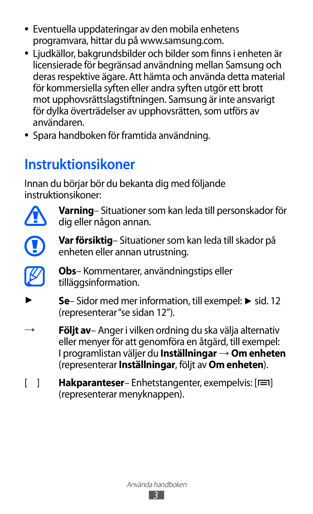 Samsung GT-I9100LKAHTD manual Instruktionsikoner, Spara handboken för framtida användning, Representerar menyknappen 