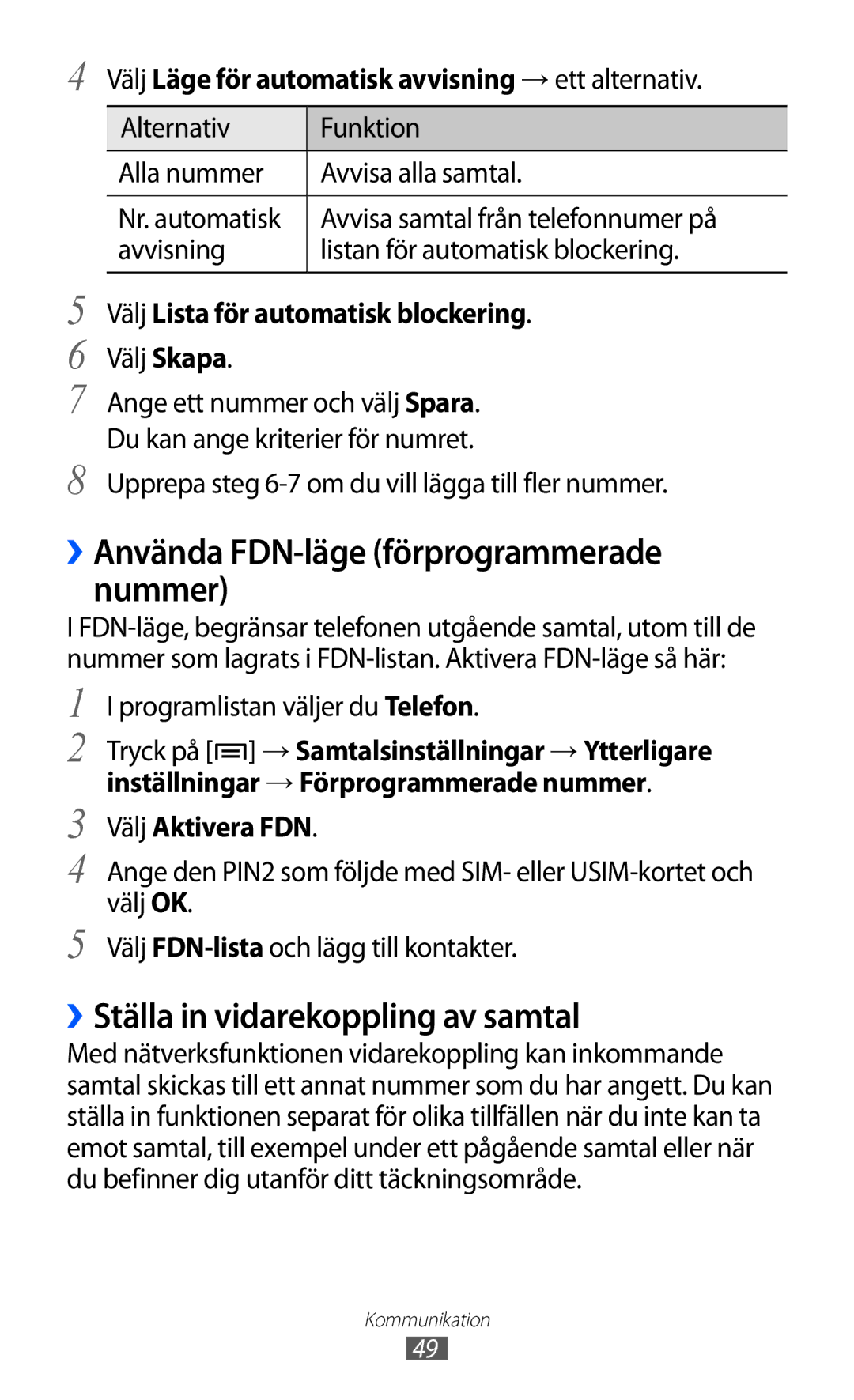 Samsung GT-I9100LKANEE ››Använda FDN-läge förprogrammerade nummer, ››Ställa in vidarekoppling av samtal, Välj Aktivera FDN 