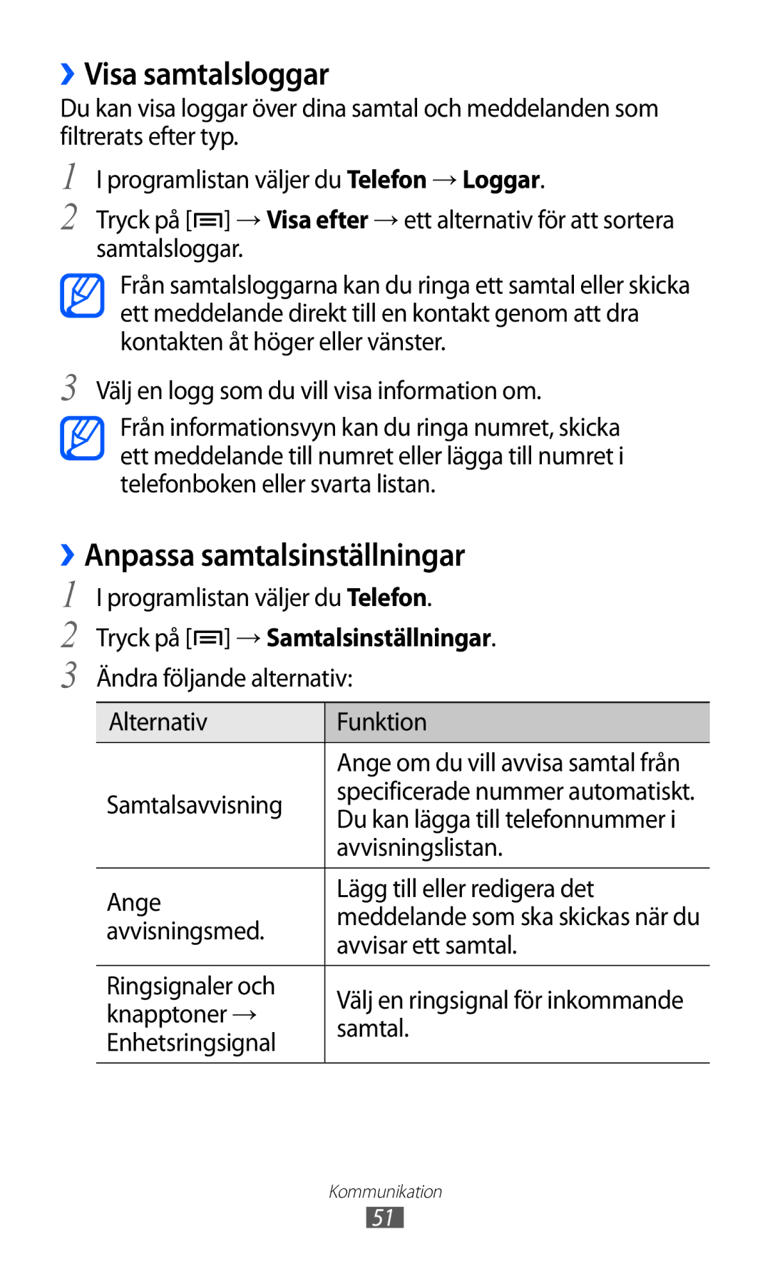 Samsung GT-I9100RWANEE manual ››Visa samtalsloggar, ››Anpassa samtalsinställningar, Tryck på →Samtalsinställningar 