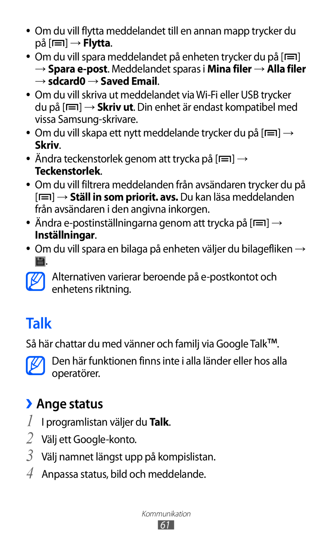 Samsung GT-I9100RWANEE, GT-I9100RWAHTD, GT-I9100OIANEE, GT-I9100LKAHTD manual Talk, ››Ange status, → sdcard0 →Saved Email 