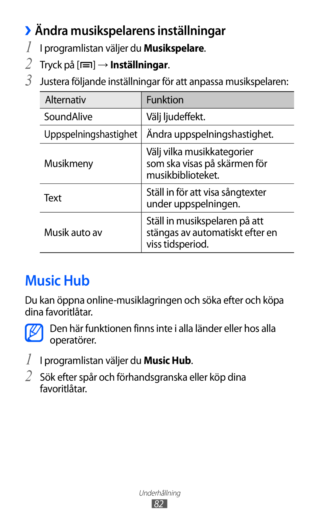 Samsung GT-I9100OIANEE Music Hub, ››Ändra musikspelarens inställningar, Alternativ Funktion SoundAlive Välj ljudeffekt 