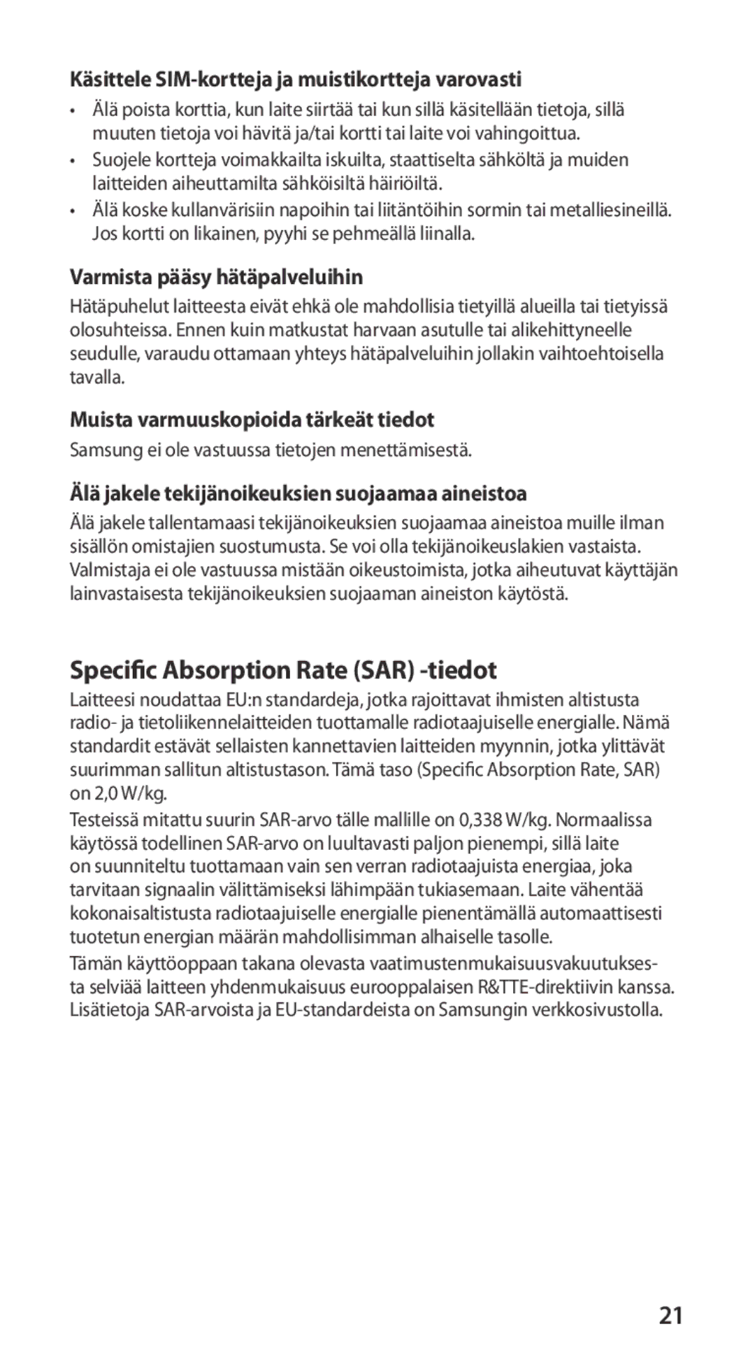 Samsung GT-I9100RWANEE manual Specific Absorption Rate SAR -tiedot, Käsittele SIM-kortteja ja muistikortteja varovasti 