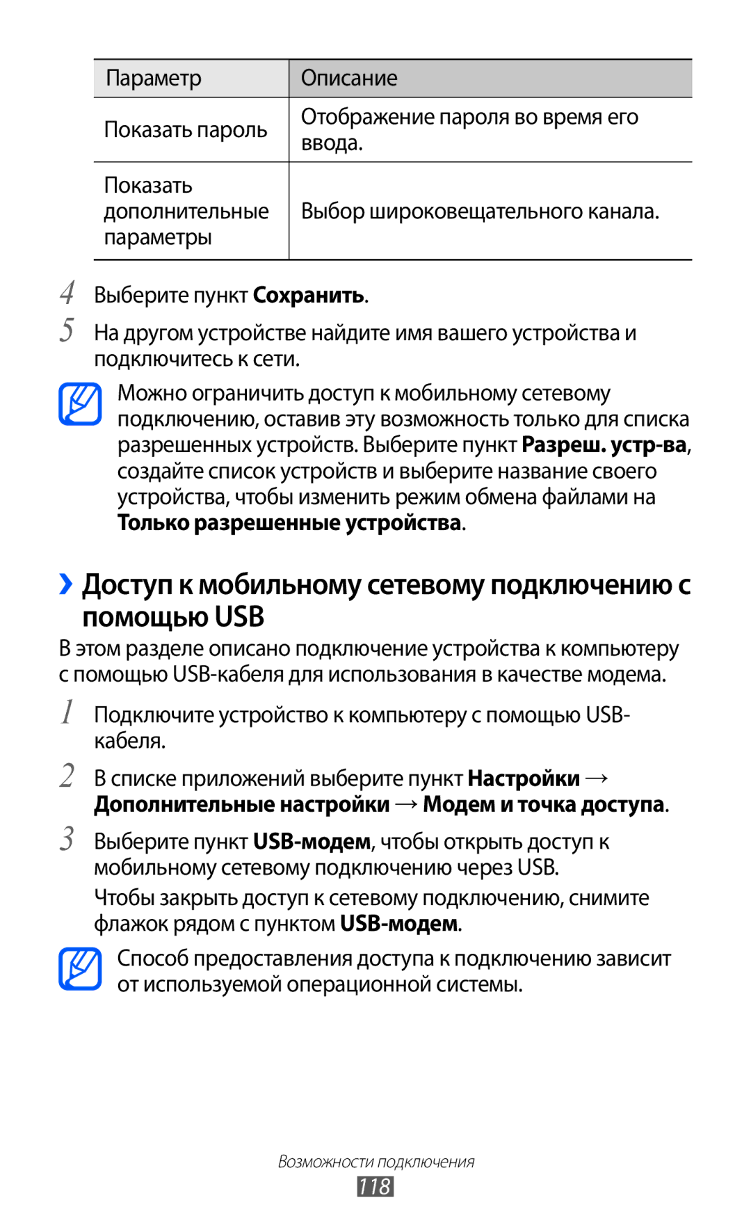 Samsung GT-I9100LKAMBC ››Доступ к мобильному сетевому подключению с помощью USB, Параметр Описание, Ввода, Показать, 118 