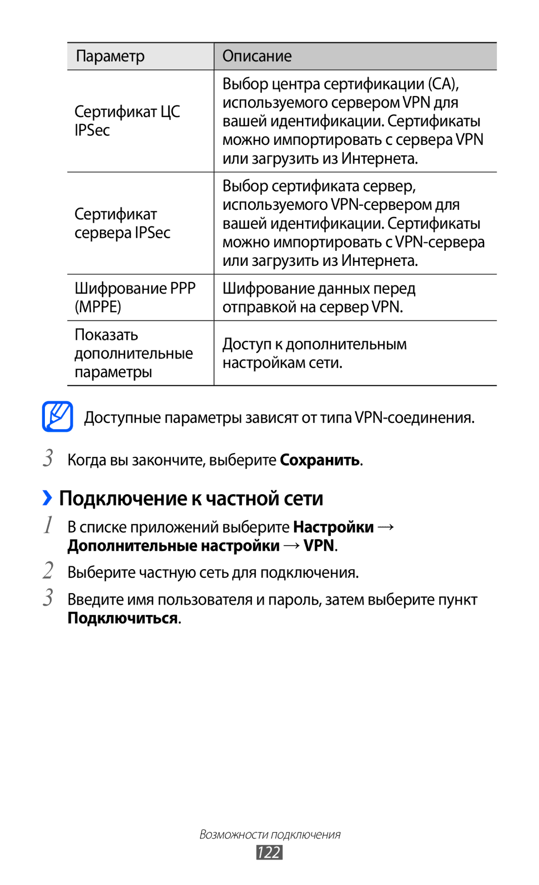 Samsung GT-I9100LKASER, GT-I9100RWAMBC, GT-I9100LKAMBC, GT-I9100RWASEB manual ››Подключение к частной сети, Подключиться, 122 