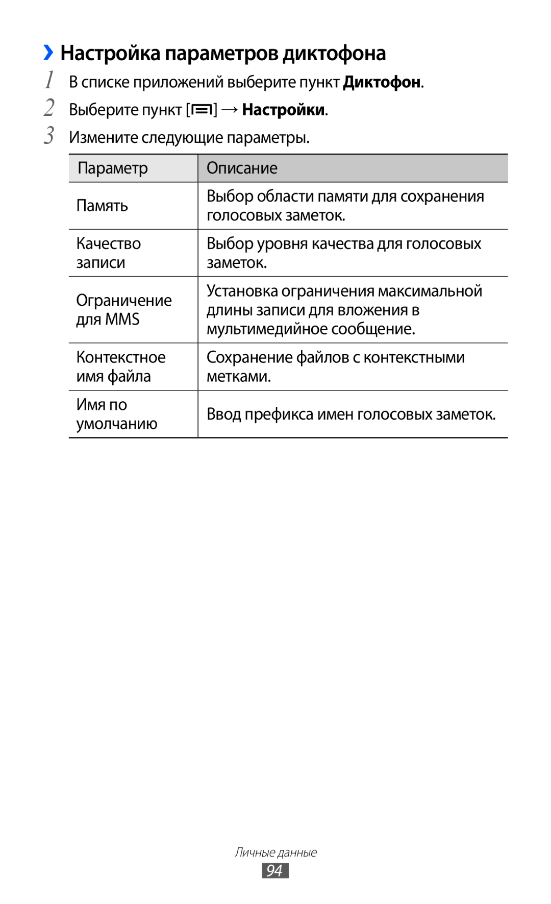 Samsung GT-I9100OIASEB, GT-I9100RWAMBC, GT-I9100LKAMBC, GT-I9100RWASEB, GT-I9100LKASEB manual ››Настройка параметров диктофона 