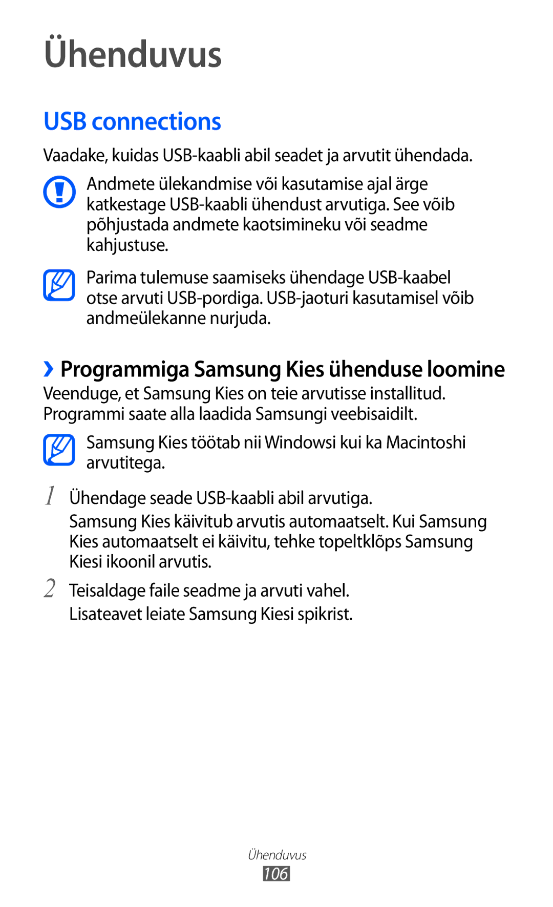 Samsung GT-I9100OIASEB, GT-I9100RWASEB manual Ühenduvus, USB connections, ››Programmiga Samsung Kies ühenduse loomine 