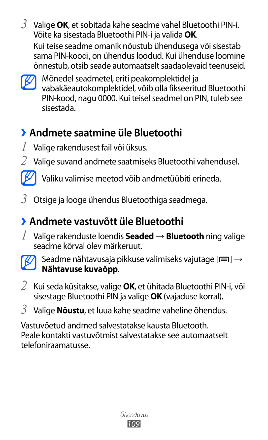 Samsung GT-I9100OIASEB, GT-I9100RWASEB manual ››Andmete saatmine üle Bluetoothi, ››Andmete vastuvõtt üle Bluetoothi 