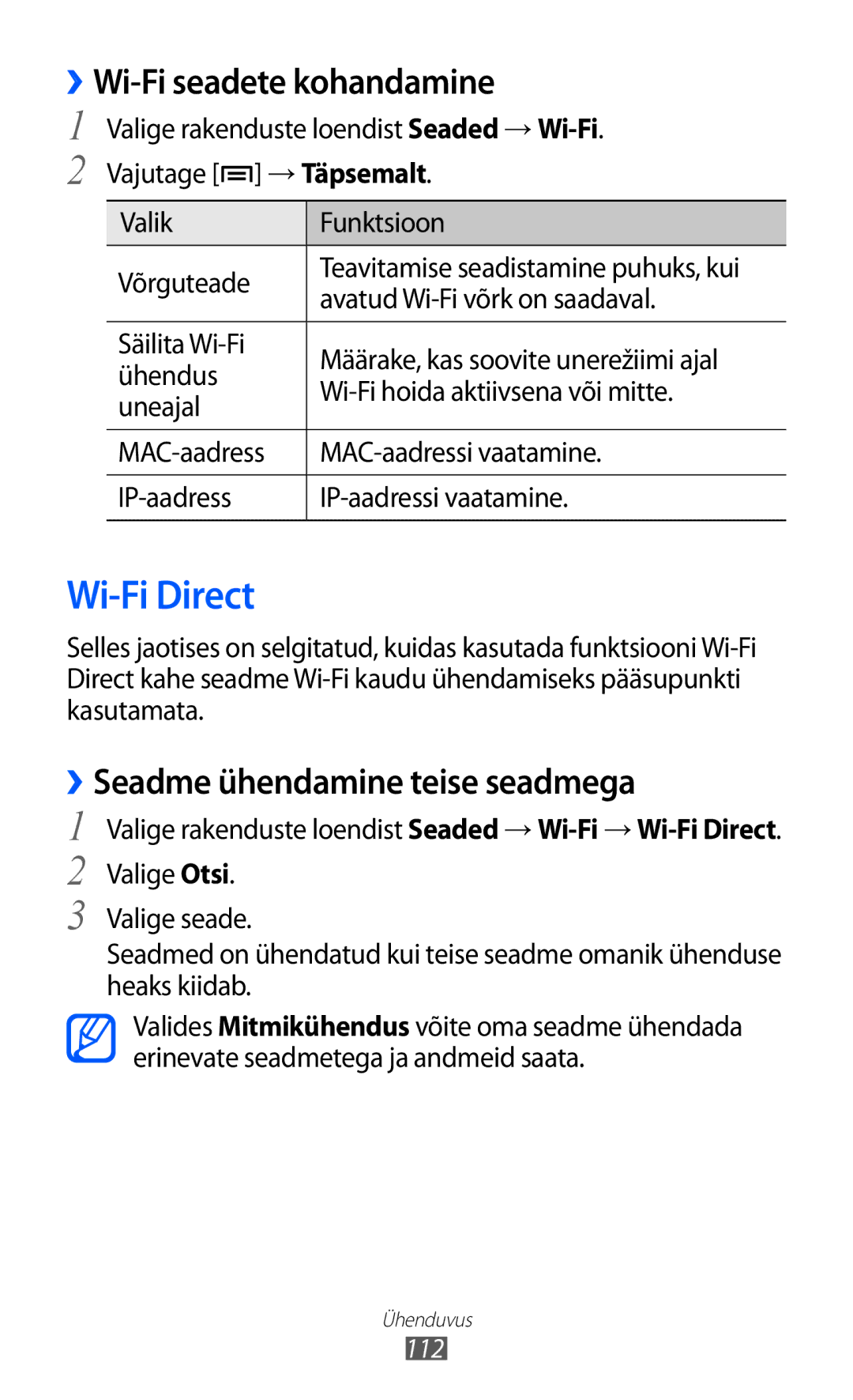 Samsung GT-I9100OIASEB, GT-I9100RWASEB manual Wi-Fi Direct, ››Wi-Fi seadete kohandamine, ››Seadme ühendamine teise seadmega 