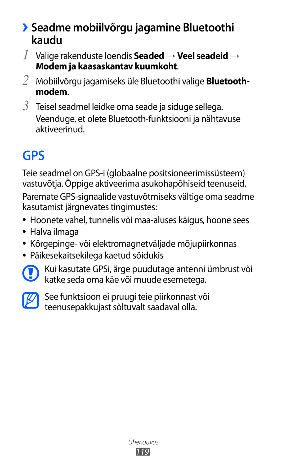 Samsung GT-I9100LKASEB, GT-I9100RWASEB, GT-I9100OIASEB manual Gps, ››Seadme mobiilvõrgu jagamine Bluetoothi kaudu 