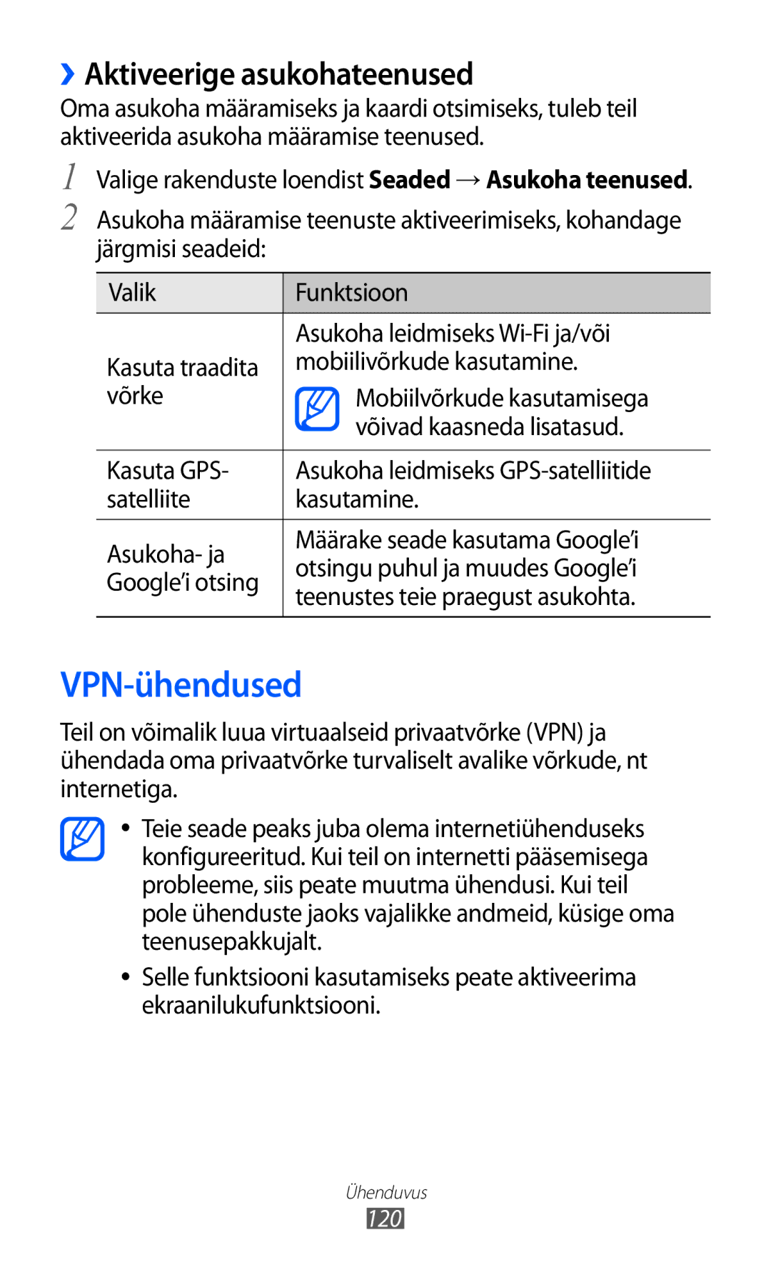 Samsung GT-I9100RWASEB, GT-I9100OIASEB, GT-I9100LKASEB manual VPN-ühendused, ››Aktiveerige asukohateenused 