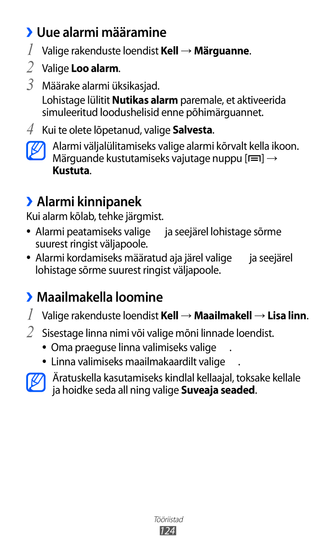 Samsung GT-I9100OIASEB manual ››Uue alarmi määramine, ››Alarmi kinnipanek, ››Maailmakella loomine, Valige Loo alarm 