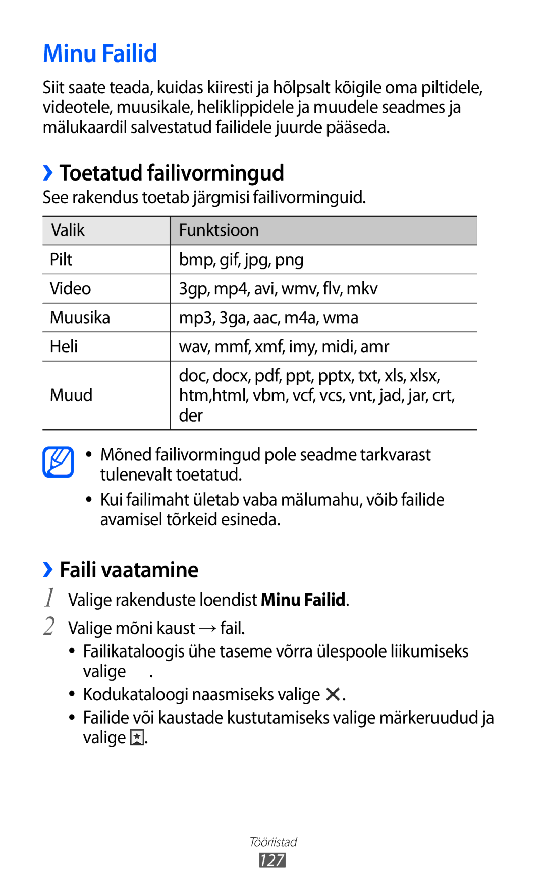 Samsung GT-I9100OIASEB, GT-I9100RWASEB, GT-I9100LKASEB manual Minu Failid, ››Toetatud failivormingud, ››Faili vaatamine, Der 